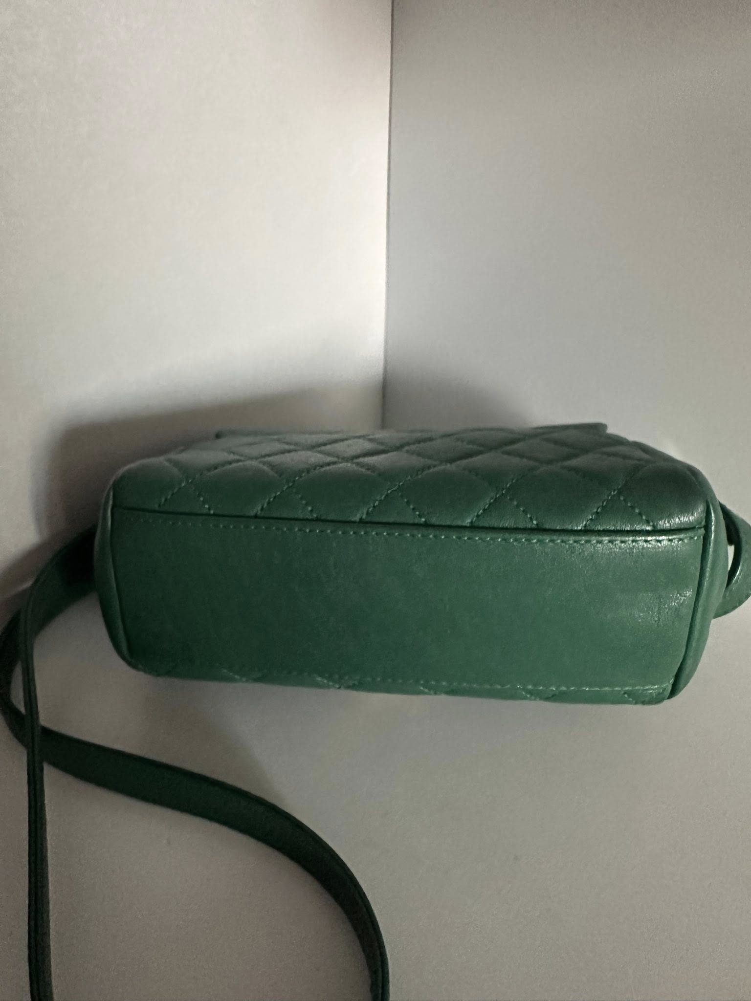 Chanel Shiny Sheepskin Quilted Mini Trapezio Flap in green with aged gold hardware
