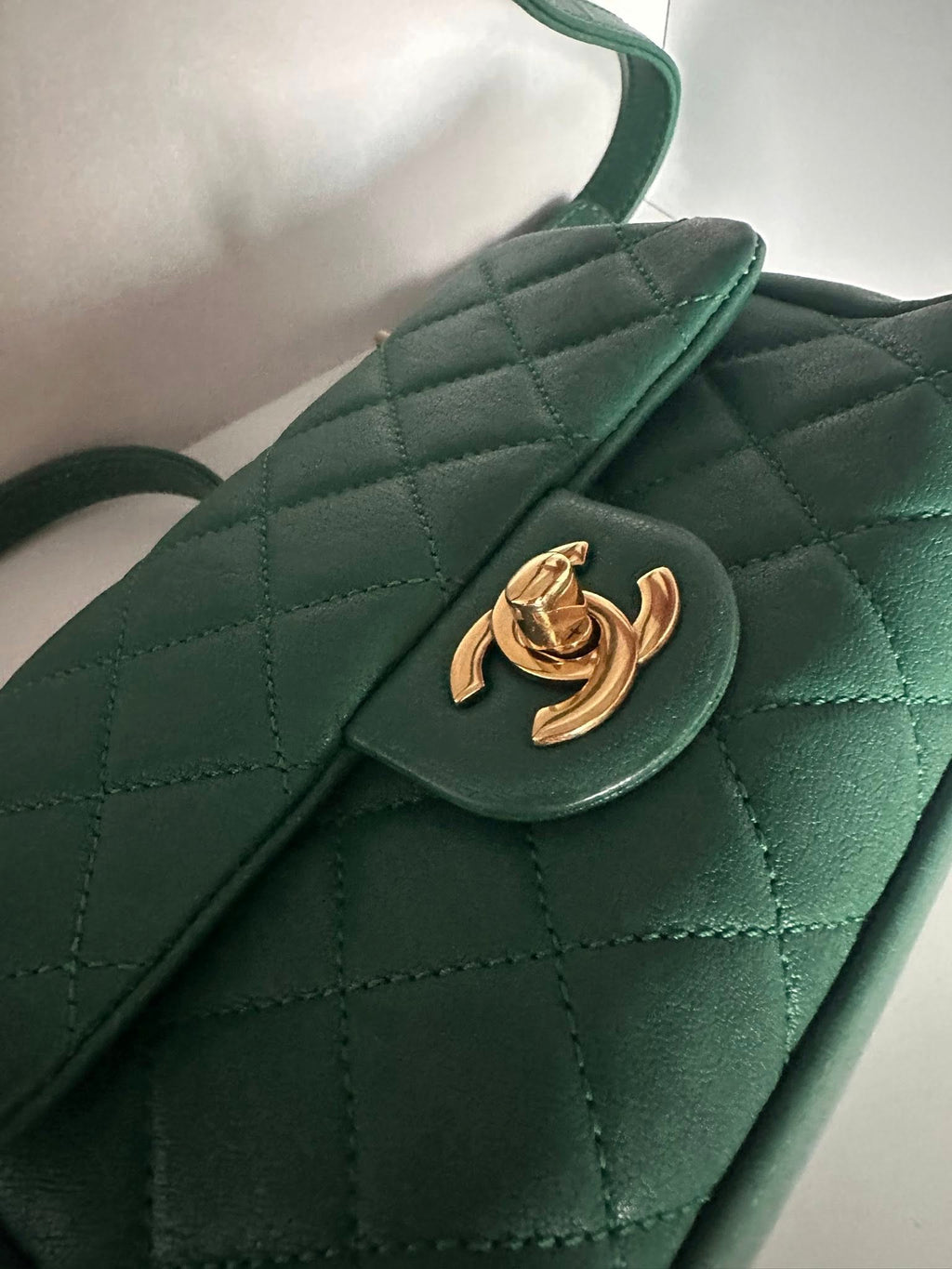 Chanel Shiny Sheepskin Quilted Mini Trapezio Flap in green with aged gold hardware